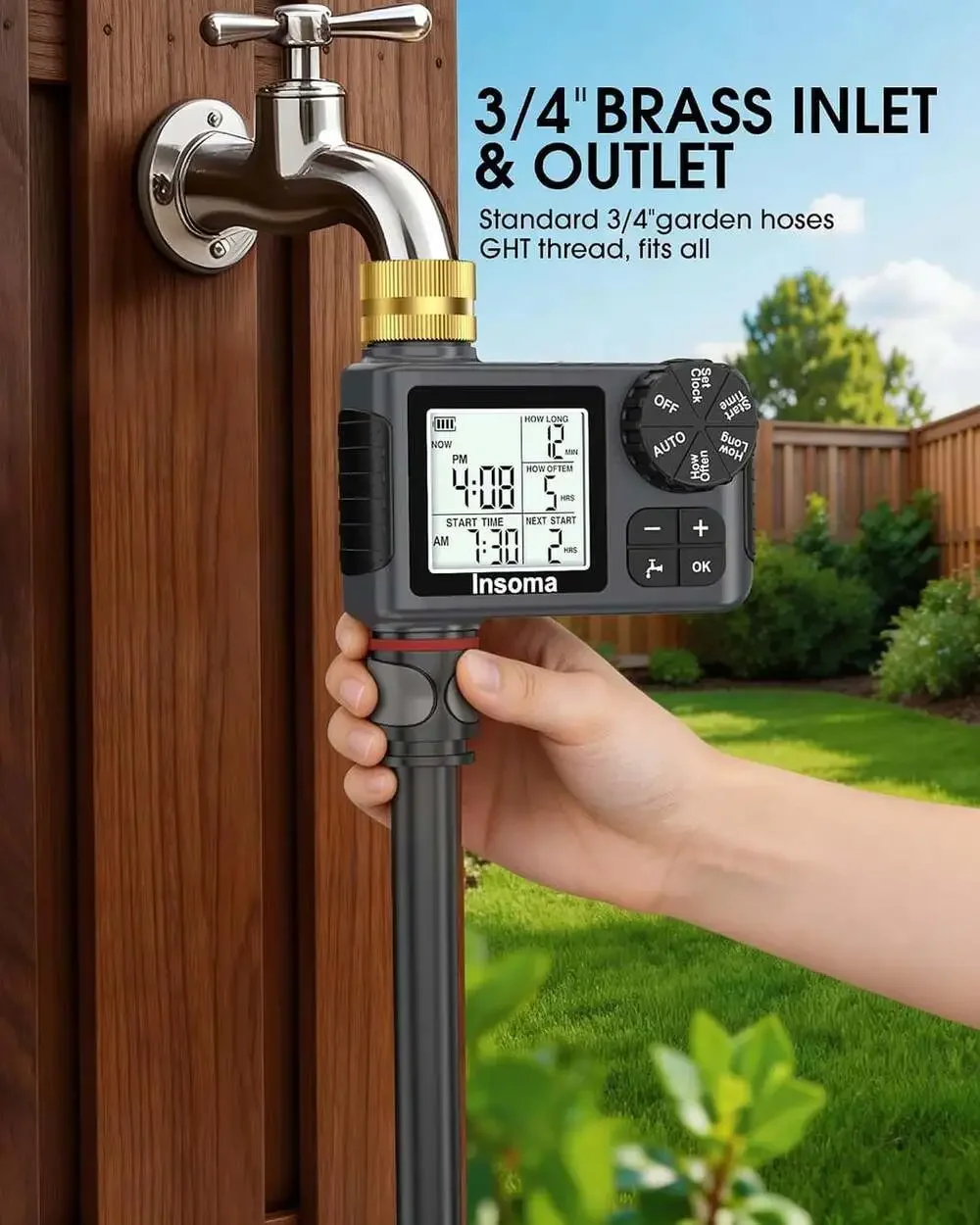 Water Timer for Garden Hose Brass Inlet 1 Outlet LCD Display Auto Manual Rain